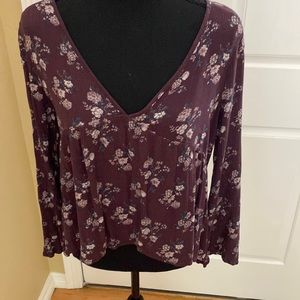 Full Tilt Dark Purple Long Sleeve Shirt with Floral Print